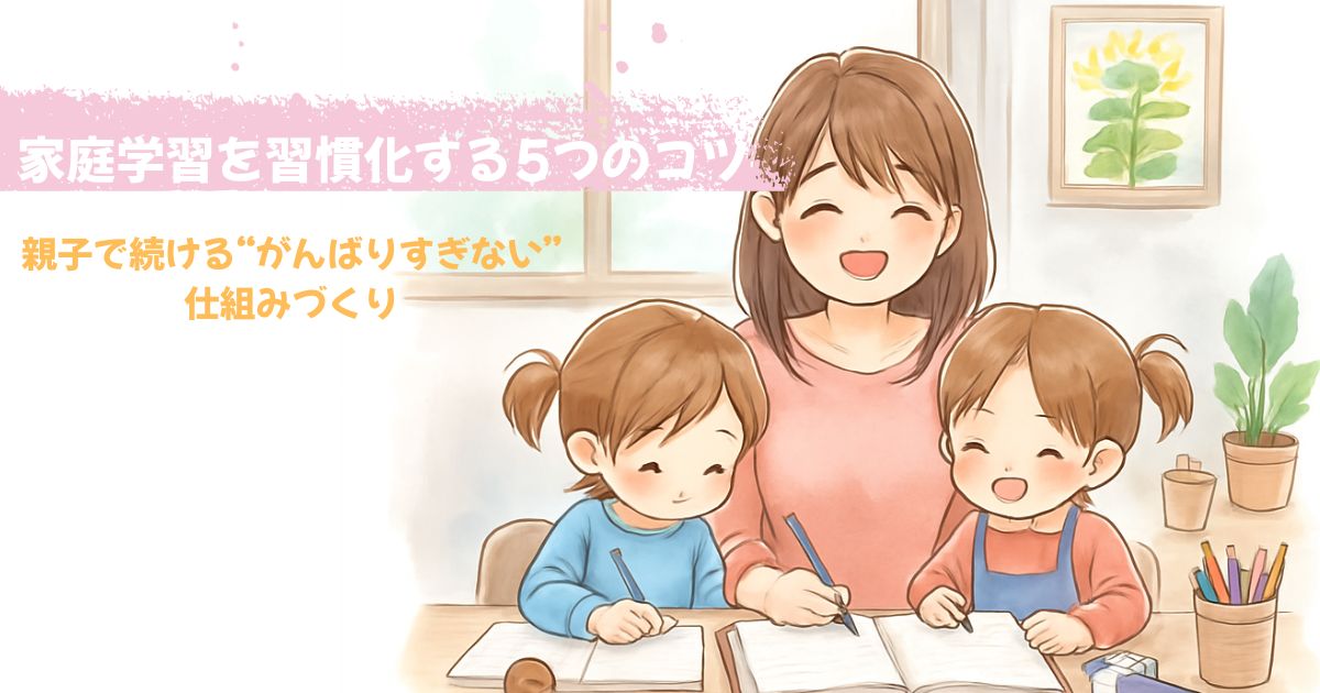 声かけなしでも机に向かう子に育つ家庭学習のコツを視覚的に紹介したアイキャッチ画像。毎日の習慣化に役立つ家庭での工夫や、親子で実践しやすい学習ルーティンのイメージを表現。