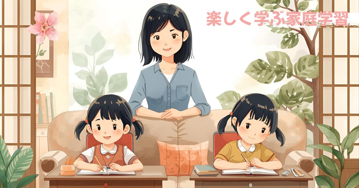 姉妹と母が一緒に学ぶ、穏やかな家庭学習のひとこまを描いた画像。“できたね”の笑顔が咲く、親子の学びの時間を表現。