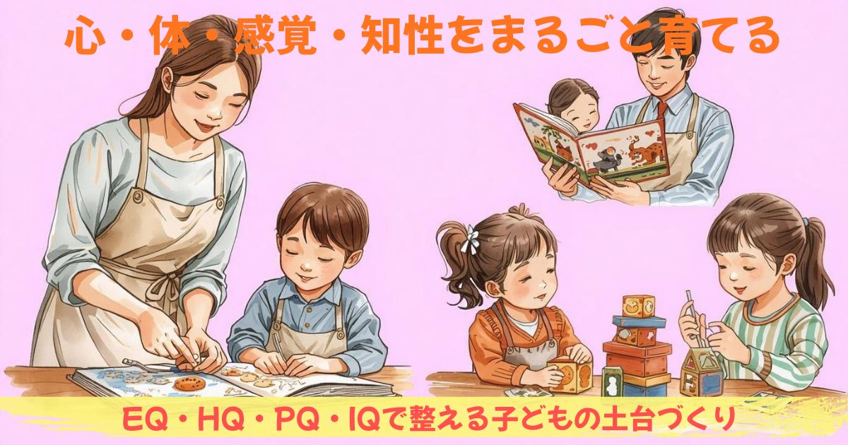 EQ・HQ・PQ・IQの4つの非認知能力を、家庭での遊び・声かけ・生活習慣を通して育てる様子を表した図解イラスト