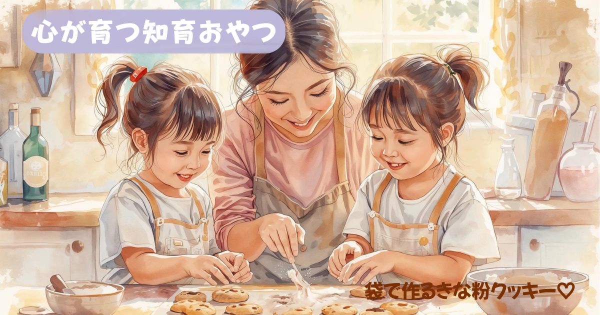 親子で袋でもむだけ簡単！米粉×きな粉のクッキー作りの様子を表現した画像