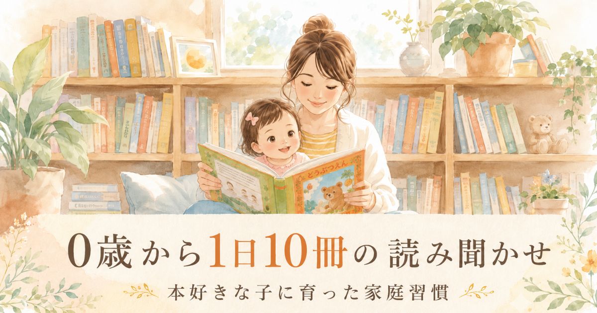 0歳から1日10冊の読み聞かせを親子で楽しむ水彩風イラスト