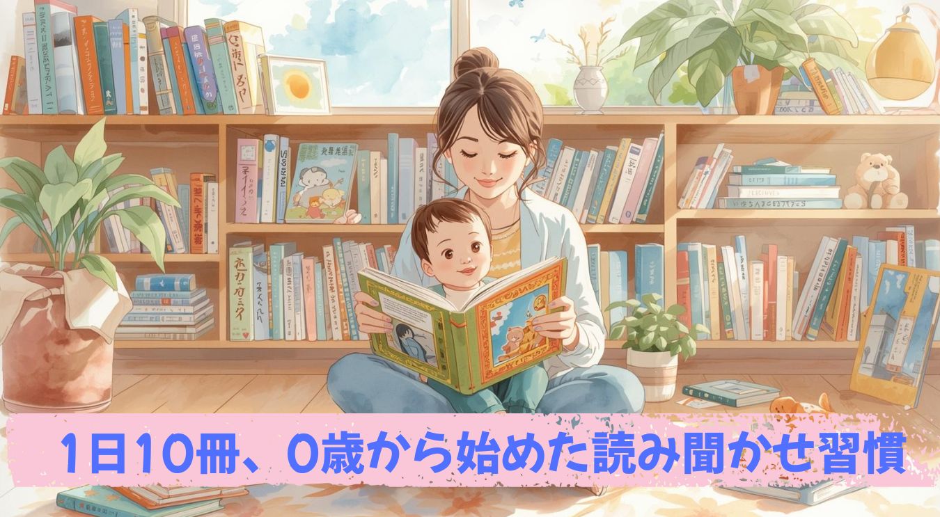 １日10冊の読み聞かせとごほうびシール台紙を活用して、幼児期に“本好き”を育てる習慣づけの様子を表した図解イラスト