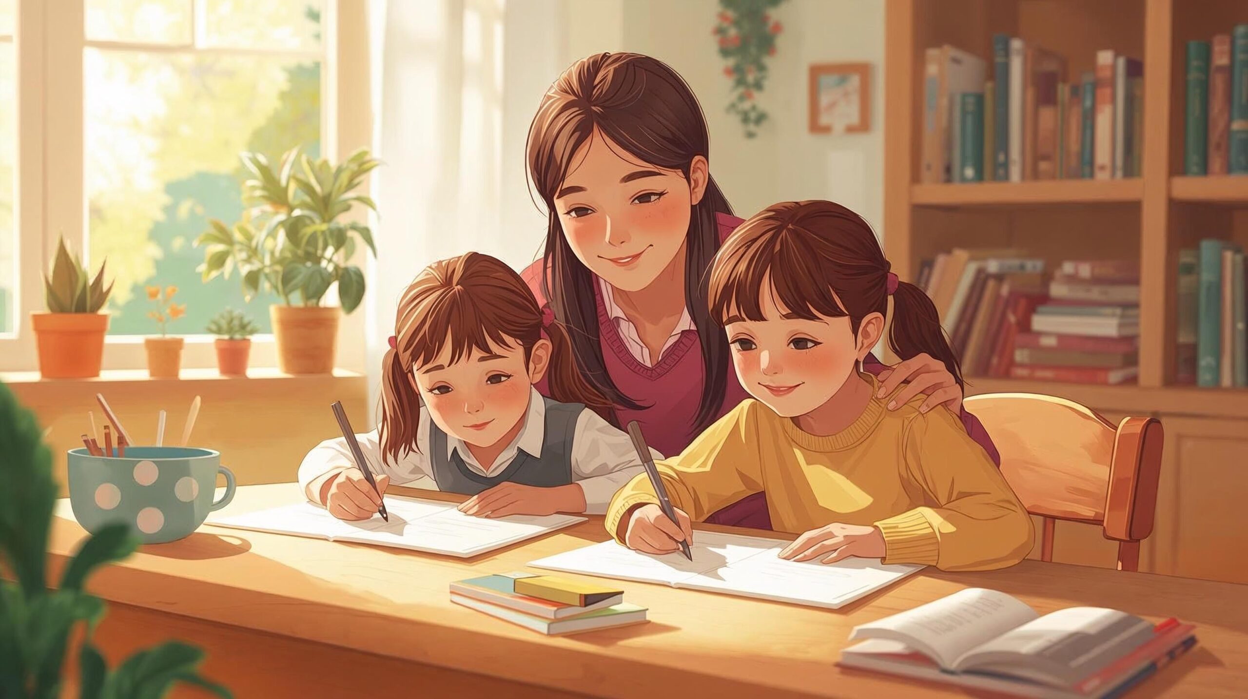 親子で“できたね”を喜び合う様子を描いた家庭学習ブログのプロフィール画像。小学生・中学生の子どもと母親が穏やかな雰囲気で学びを楽しんでいる様子を表現しています。