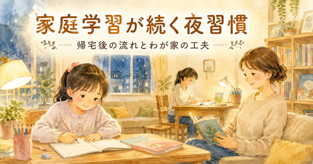 夜のリビングで小学生と中学生の姉妹が家庭学習をしている水彩画風イラスト
