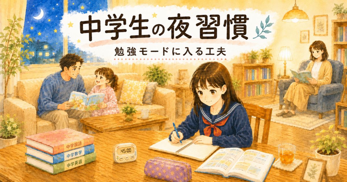 夜のリビングで中学生の女の子が家庭学習をし、家族が穏やかに過ごしている水彩画風イメージ