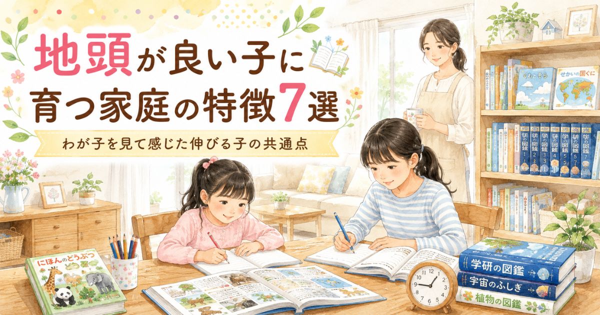 地頭が良い子に育つ家庭の特徴7選を表す、親子で読書や家庭学習に取り組む水彩画風イラスト