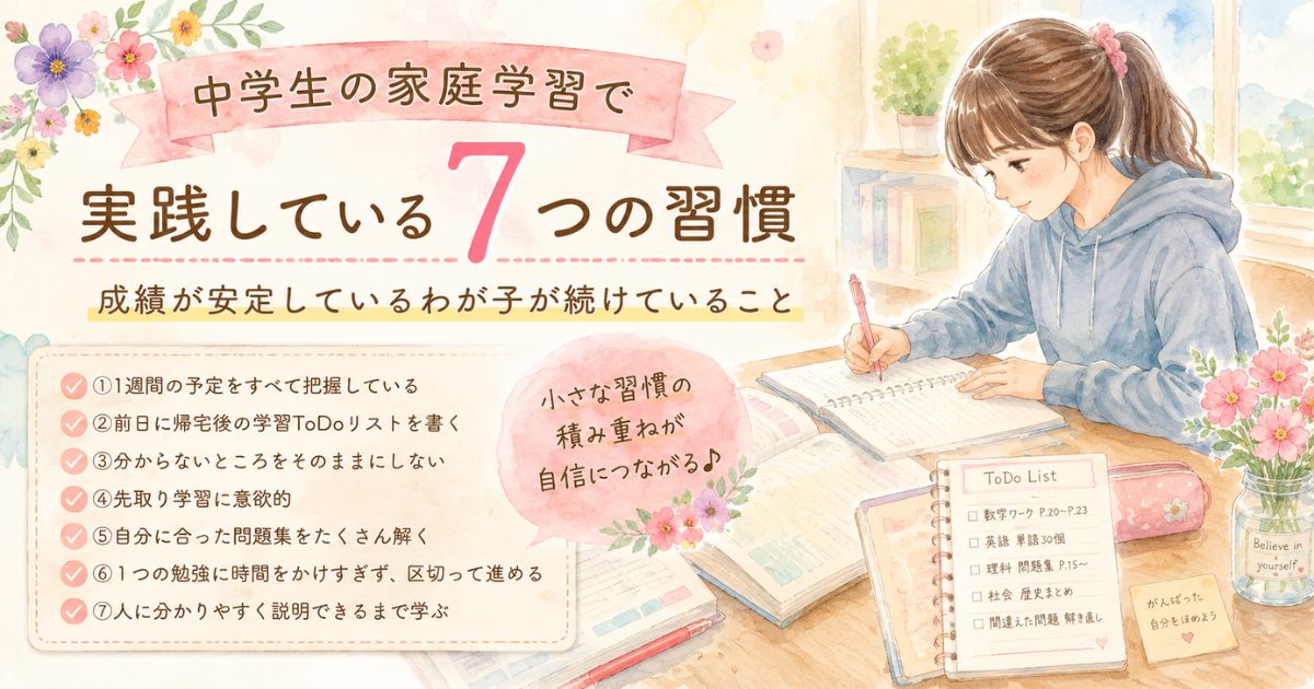 中学生の女の子が机でToDoリストを見ながら家庭学習に取り組む水彩画風アイキャッチ画像
