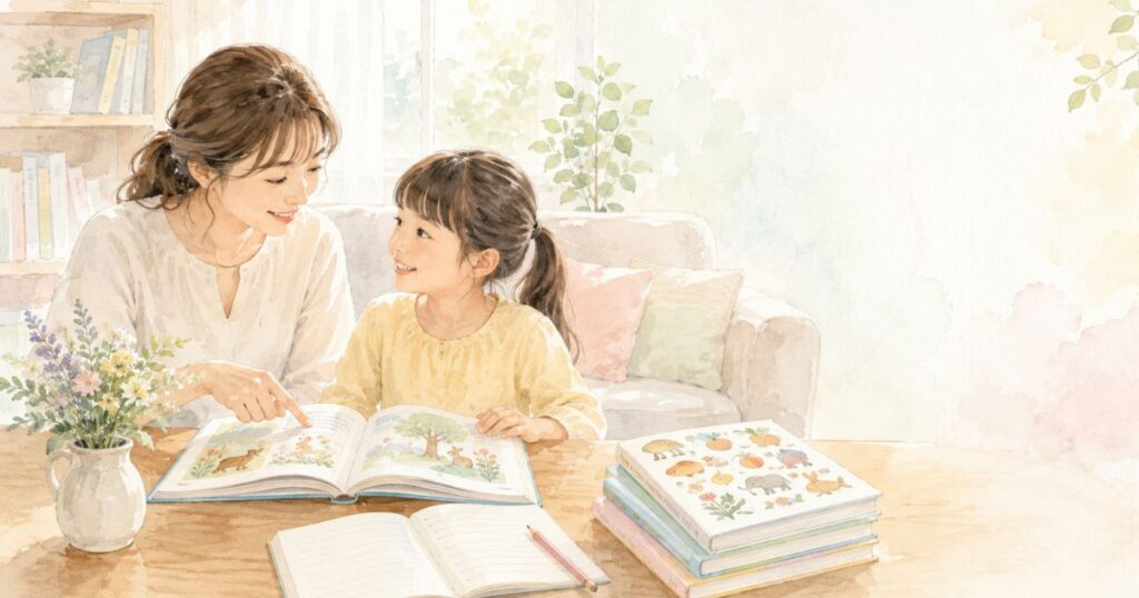 子どもの語彙力を伸ばす家庭習慣をイメージした、母親と女の子が絵本を見ながら会話する様子