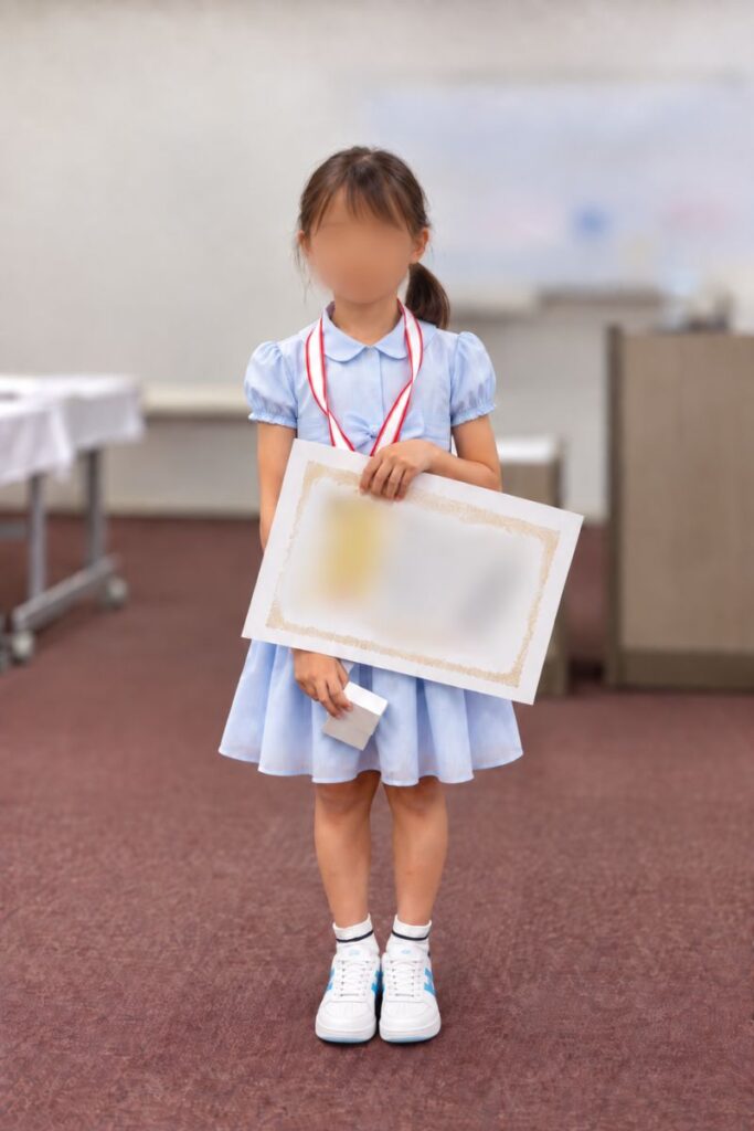 そろばん大会で賞状を持つ子どもの様子